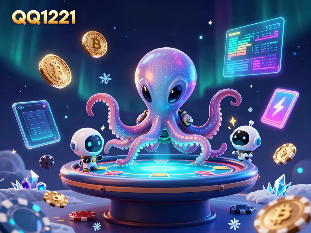Experience the thrills of QQ1221 with an alien octopus mastering a poker table in space.