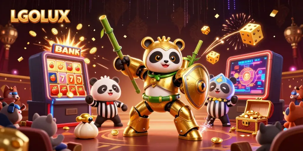 Experience the exciting world of LGOLUX with a dynamic casino scene featuring vibrant game elements and characters.