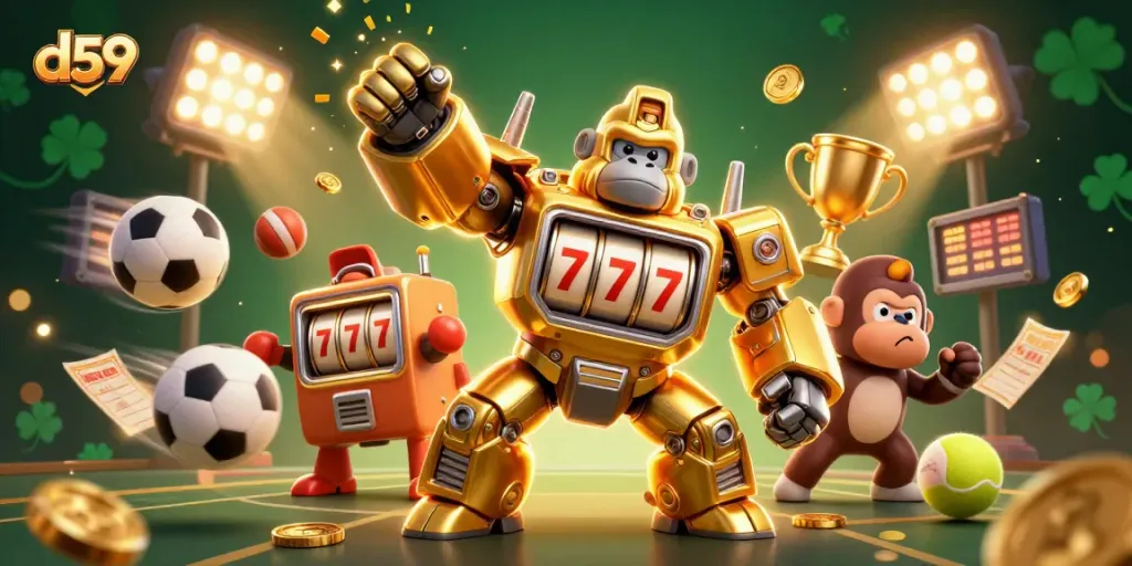 D59 brings excitement to slot enthusiasts with a vibrant 3D render featuring a golden gorilla mech and dynamic elements.