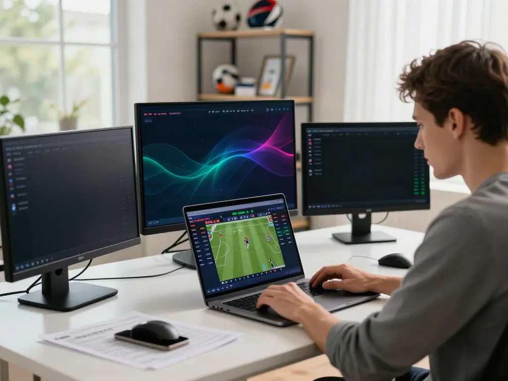 WWBOLA user analyzing live sports betting odds and statistics at a modern workspace.