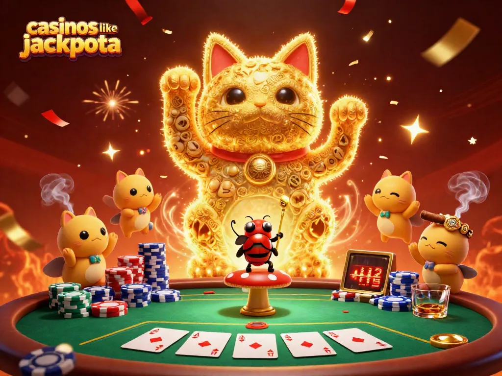 Experience excitement at casinos like jackpota with colorful poker elements and a magical lucky cat scene.