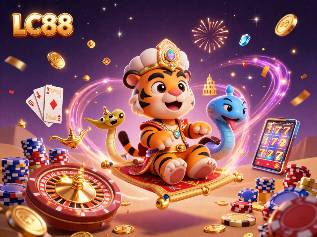 Experience thrilling action at LC88 with a vibrant illustration of casino elements and characters.