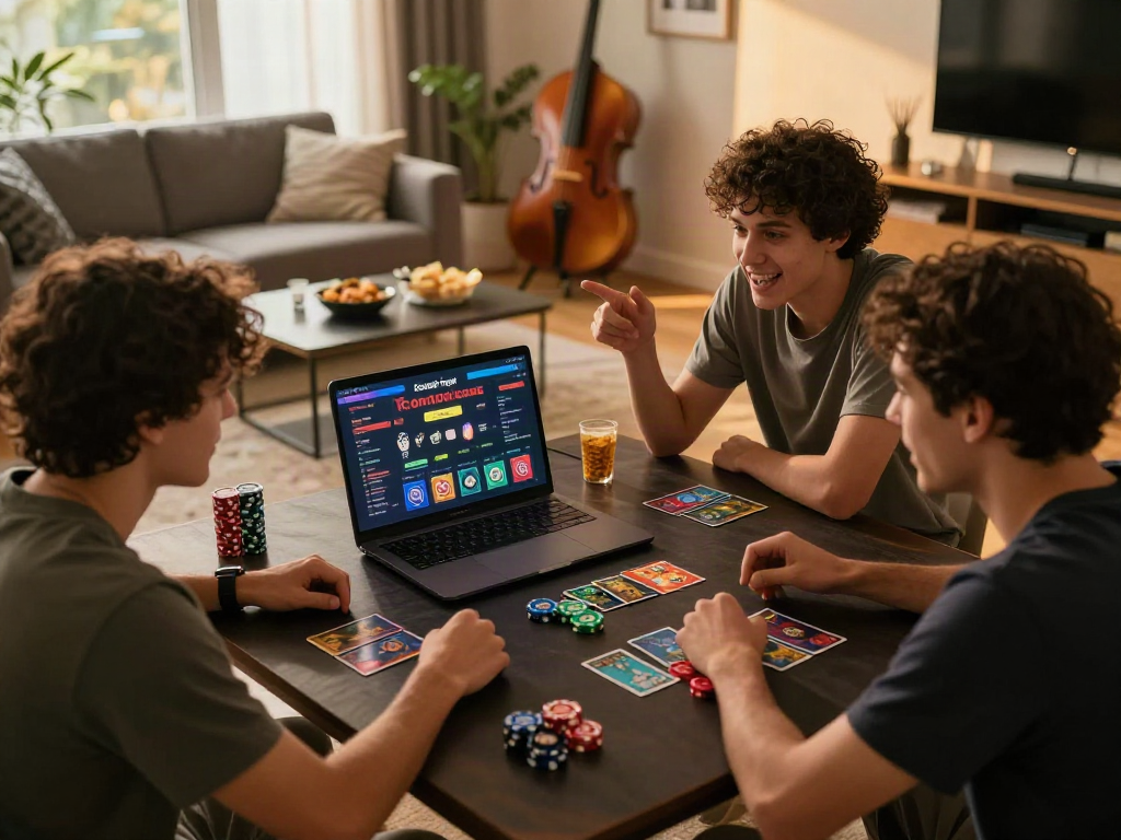Friends enjoying bandar togel online together in a cozy living room gaming setup.
