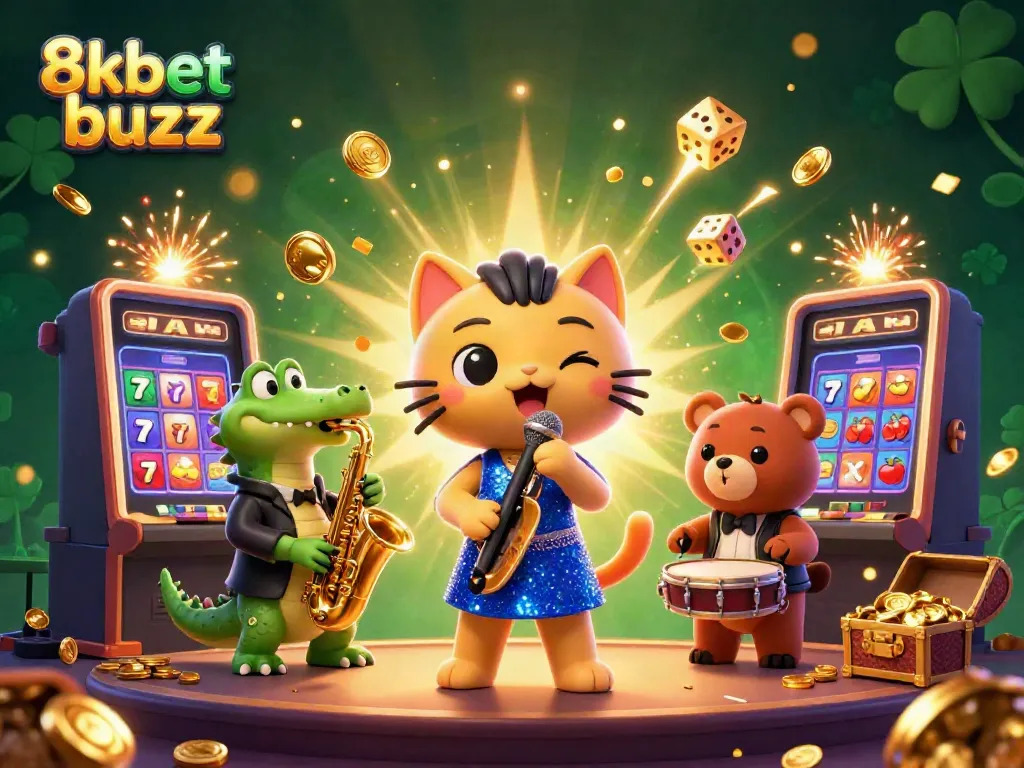 Experience the excitement of 8kbet buzz with lively characters and dynamic casino elements exploding with action.
