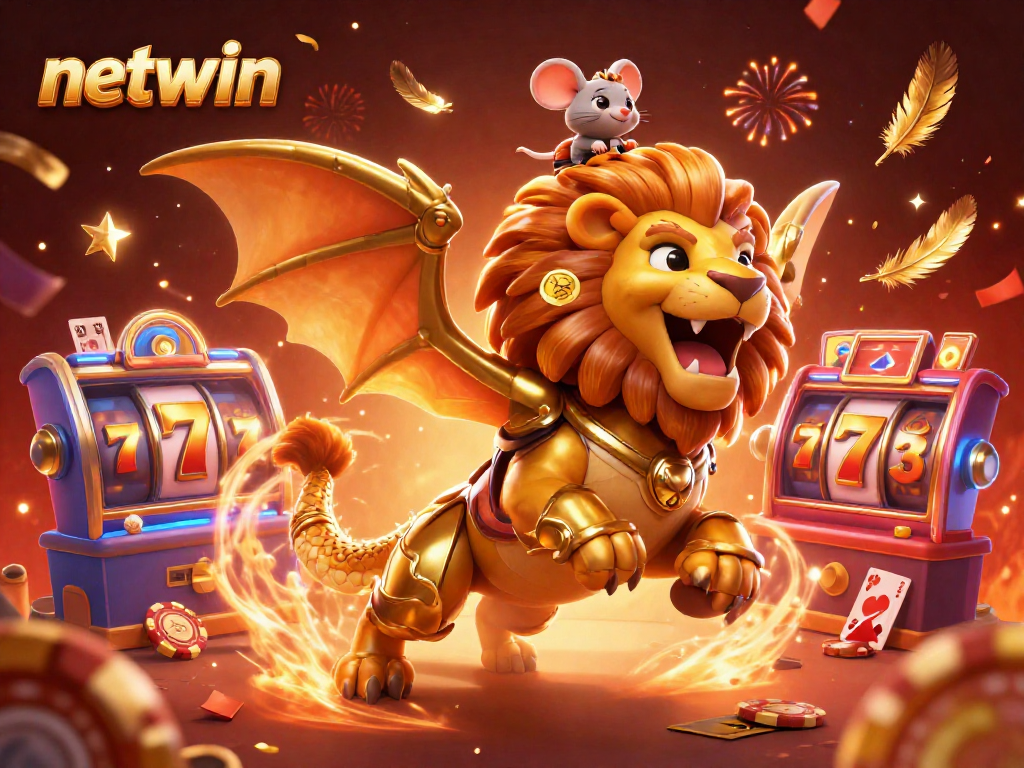 Engage with netwin's exciting slots featuring vibrant casino elements and a dynamic chimera creature.