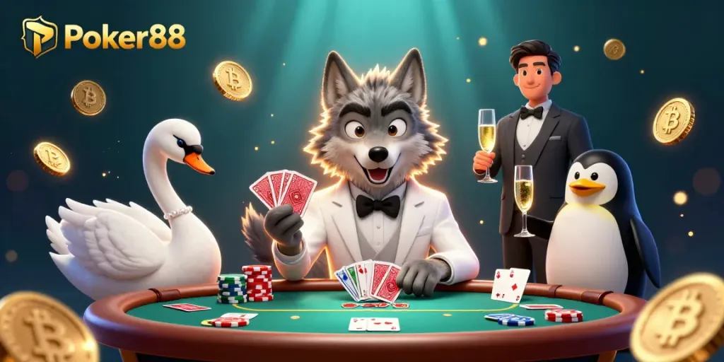 Play poker with Poker88 while surrounded by magical casino elements and vibrant characters.