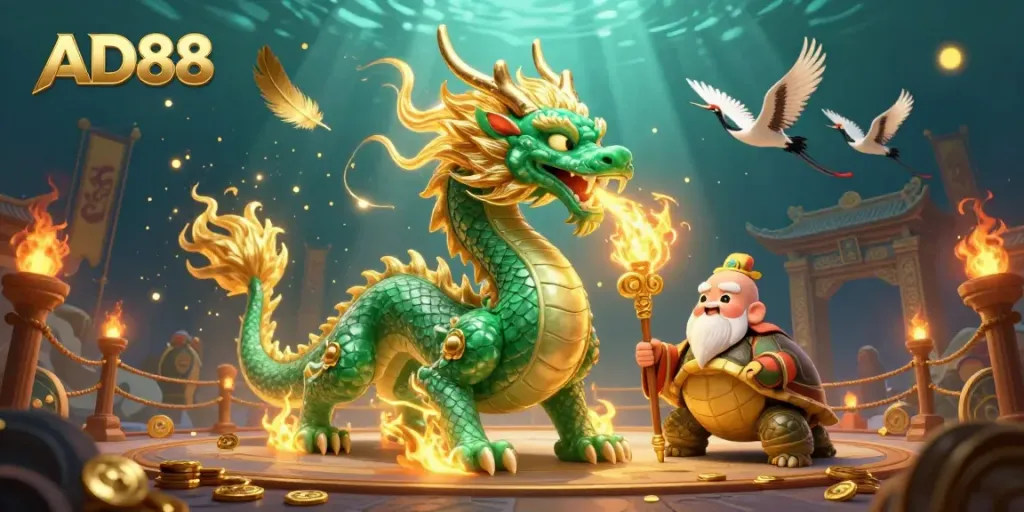 Experience the thrill of AD88 with a jade dragon and lucky cranes in a vibrant casino setting.