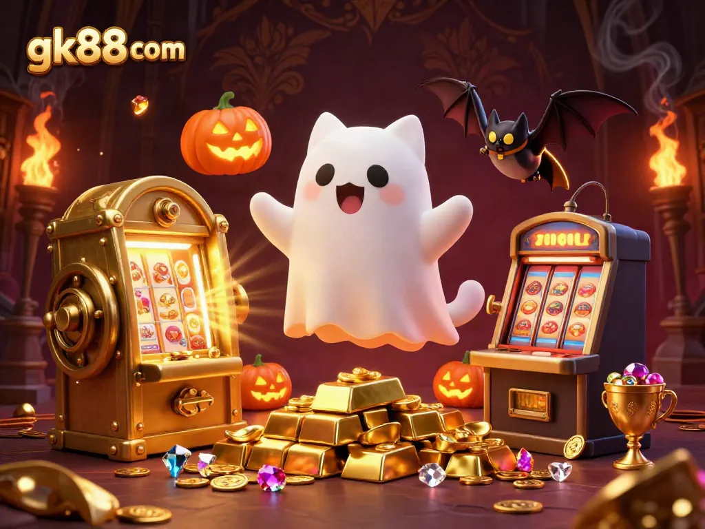 Engage with the ghost cat and bat companions featuring gk88 com amid a treasure-filled haunted casino scene.