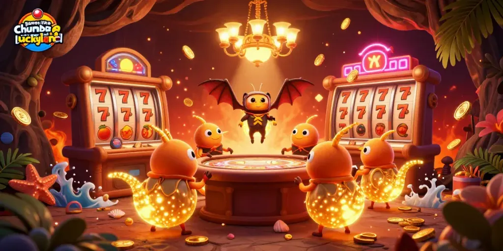 Play exciting games like chumba and luckyland with slots and casino elements in a vibrant 3D illustration.
