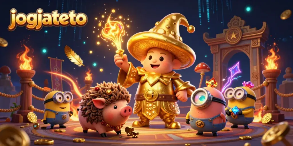 Experience the excitement of jogjatoto with golden wizard characters, treasure, and vibrant casino elements.