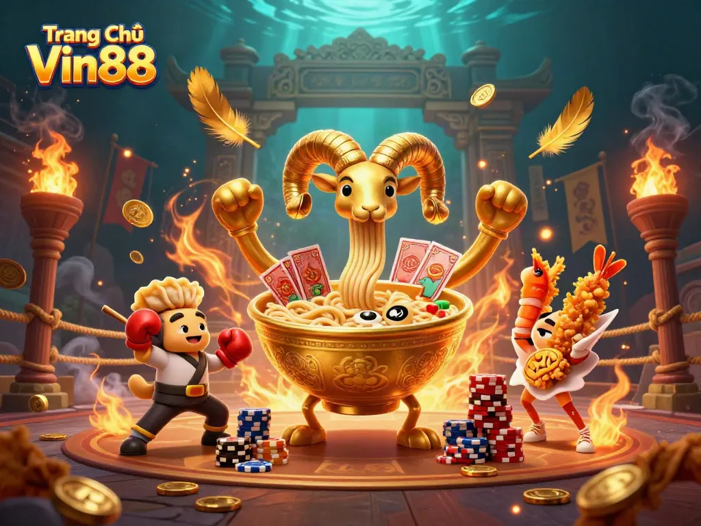 Engage with the thrill of gambling at Trang Chủ Vin88 with vibrant cartoon characters in a dynamic casino scene.
