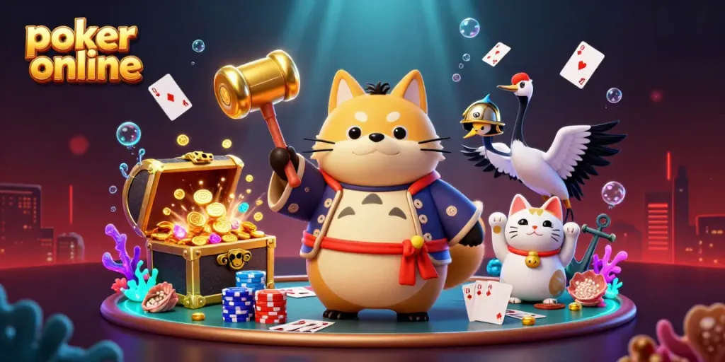 Join the action playing poker online with our vibrant scene featuring animated characters and casino elements.