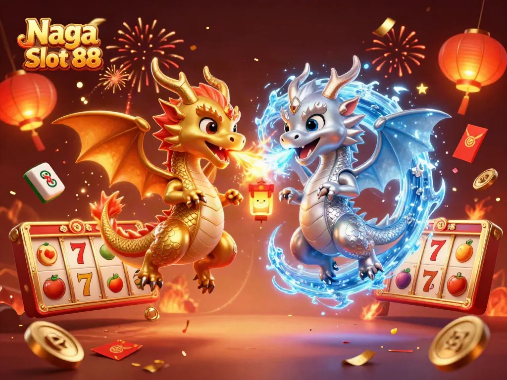 Naga Slot 88 showcases twin dragons battling in a dynamic casino-themed illustration highlighting slots.