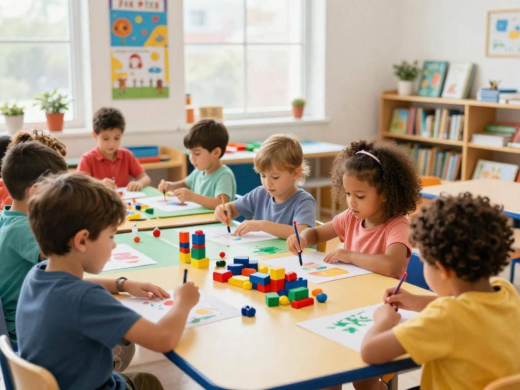 Kindergarten Singapore children engaged in creative inquiry-based learning activities in a vibrant classroom.