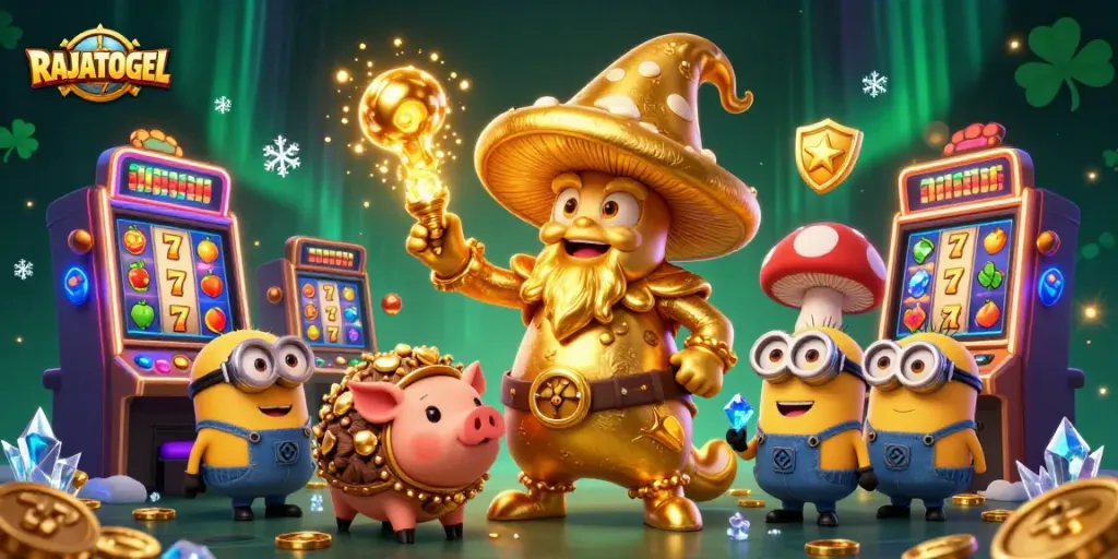 Engage with RAJATOGEL's vibrant slots featuring a wizard, treasures, and magical elements.