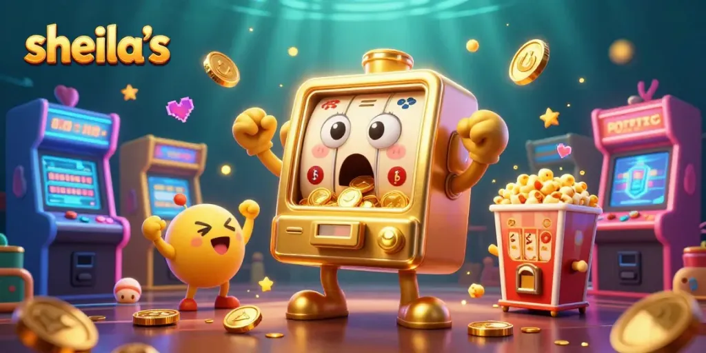 sheila's slot machine hits the jackpot, overflowing with coins amidst colorful casino elements