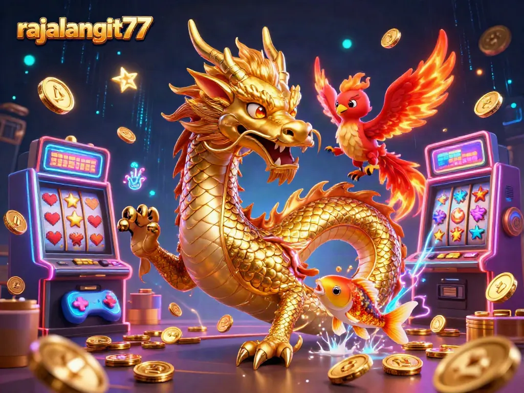Menangkan hadiah terbesar di rajalangit77 dengan simbol slot yang mengkilat dan koin emas terbang.