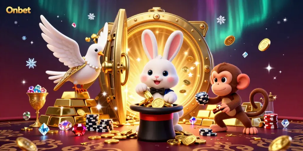 Experience the dazzling Onbet casino with a magician rabbit, dazzling jewels, and playful characters.