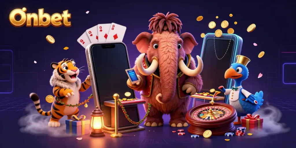 Engage in thrilling casino action with Onbet as a mammoth bouncer welcomes a VIP tiger guest in style.