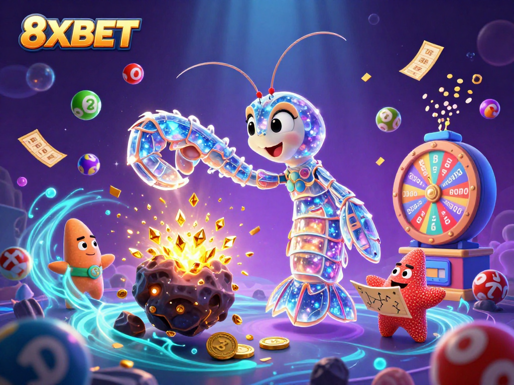 Engage in the excitement of 8XBET with this vibrant lottery and casino scene showcasing dynamic characters.