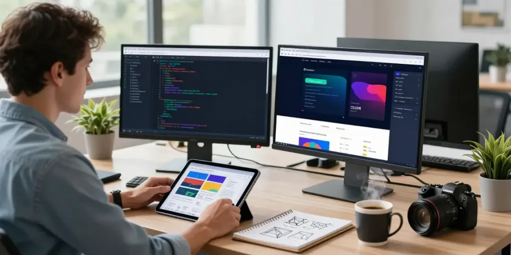 Website designer creating a site web with vibrant designs in a modern workspace.