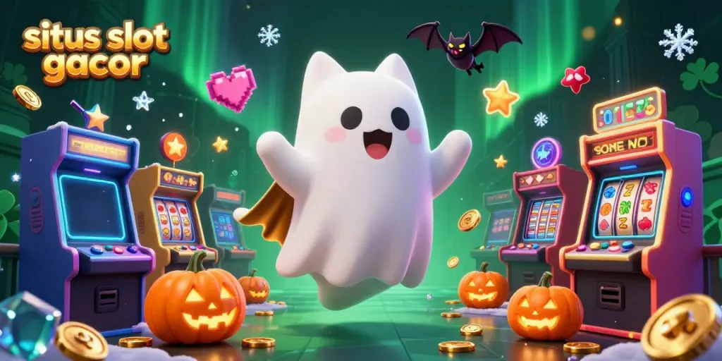 Permainan situs slot gacor yang meriah, dengan kucing hantu lucu berkeliling kasino yang dihiasi jack-o-lantern.