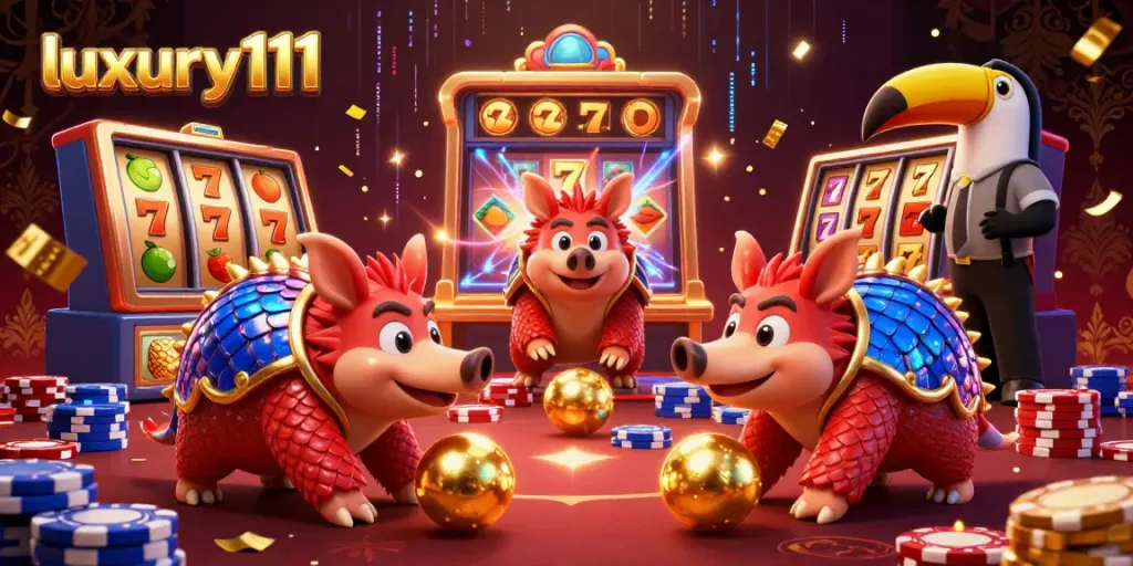 Animated pangolins compete in a luxury111 slot game setting, surrounded by vibrant casino elements.