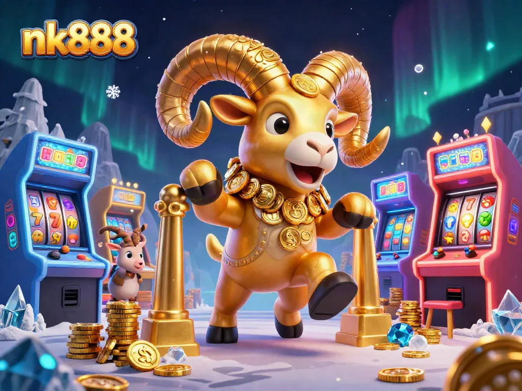 Engage in thrilling action at nk888 with a golden ram charging through casino games and slot machines.