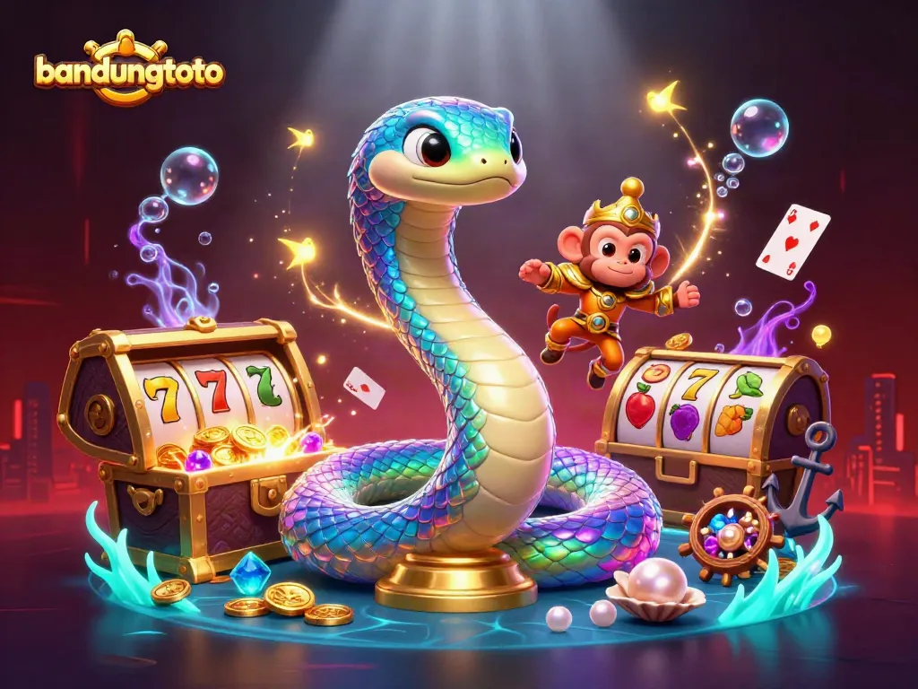 Engage with bandungtoto's vibrant illustration showcasing a rainbow serpent and playful monkey king amidst slots and treasures.