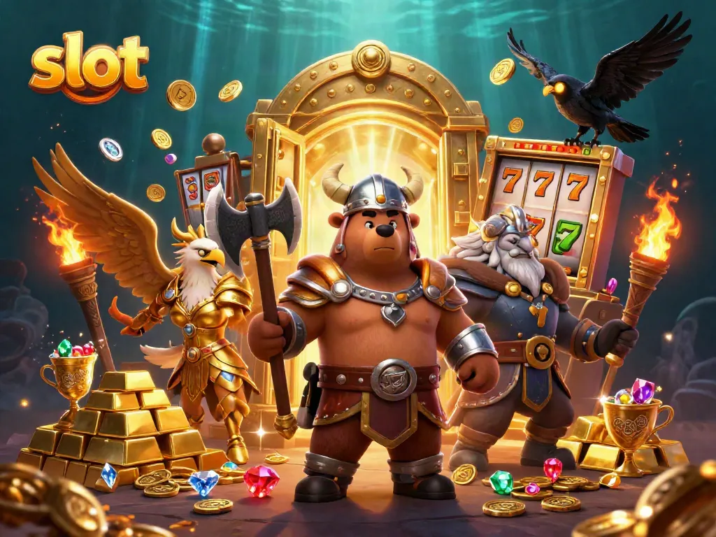 Experience thrilling gameplay with slot-themed Viking characters and casino symbols.