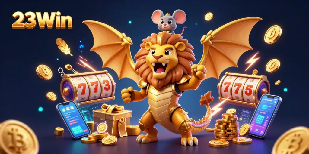 Experience thrilling gaming adventures with 23Win, featuring vibrant casino symbols and energetic elements.