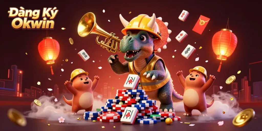 Engage with Đăng Ký Okwin as a playful triceratops builds poker chips in a vibrant casino scene.