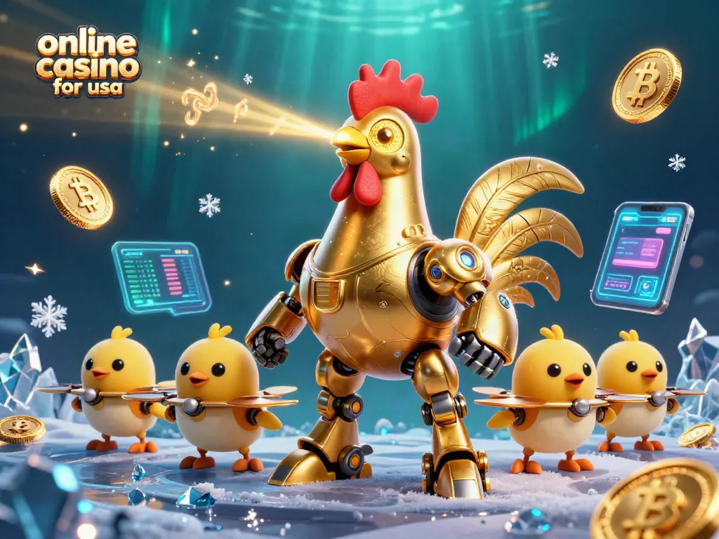 Engage in thrilling gameplay at an online casino for usa with a golden rooster robot and crypto elements.