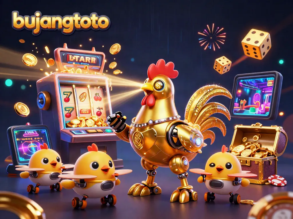 Bujangtoto showcases a vibrant casino scene with a golden rooster robot and baby chick drones celebrating a jackpot.