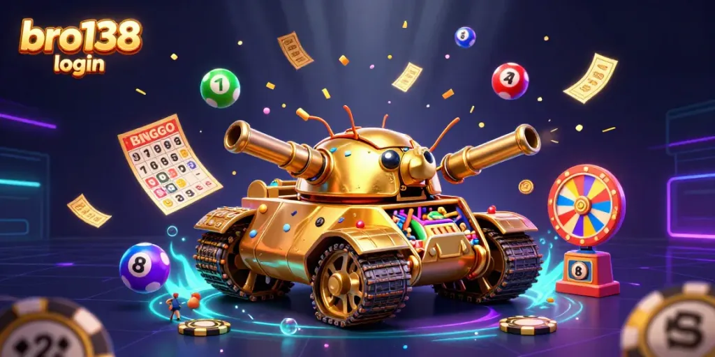 Catch the excitement of bro138 login with a golden tank casino bursting with lottery balls and confetti.