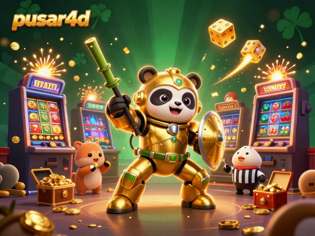 Pusar4d features a colorful jackpot scene with a golden panda in mech-suit and vibrant slot machines, celebrating casino excitement.