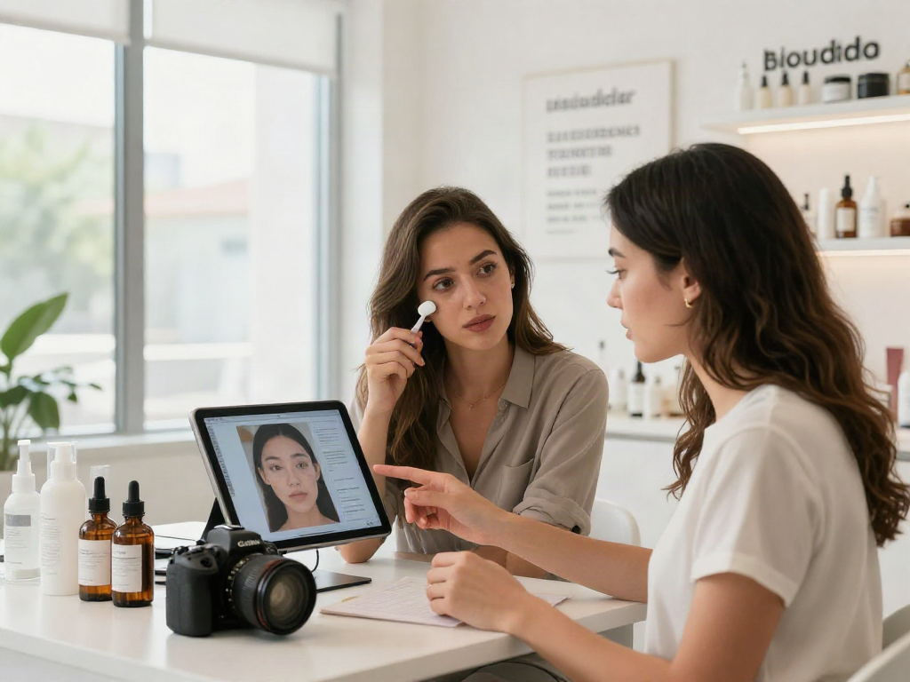 Comparative analysis of ClinicEvo vs QOVES in a beauty studio setting with skin assessments.