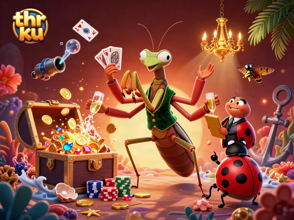 Experience thrilling gameplay with thr ku as the mantis card sharp deals and celebrates in a vibrant casino.