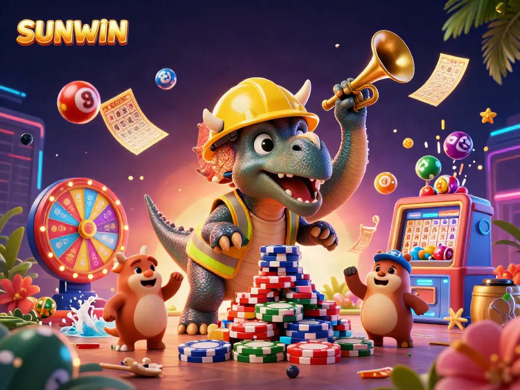 Celebrate with SUNWIN as colorful lottery balls bounce and trumpets sound in a vibrant casino scene.