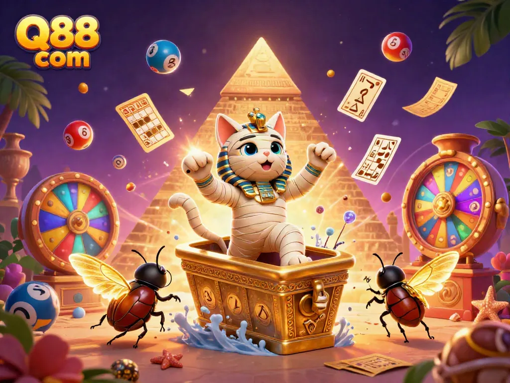 Experience thrilling fun with Q88 com as a cartoon Egyptian mummy cat leads a vibrant casino adventure.