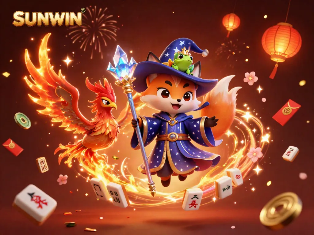 Experience excitement at SUNWIN with a mystical wizard fox and phoenix surrounded by festive casino elements.