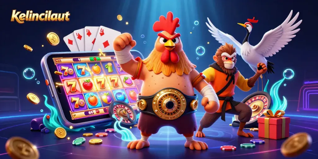 Kelincilaut features a dynamic scene with a Muay Thai rooster, martial artist monkey, and wise crane in a packed casino illustration.