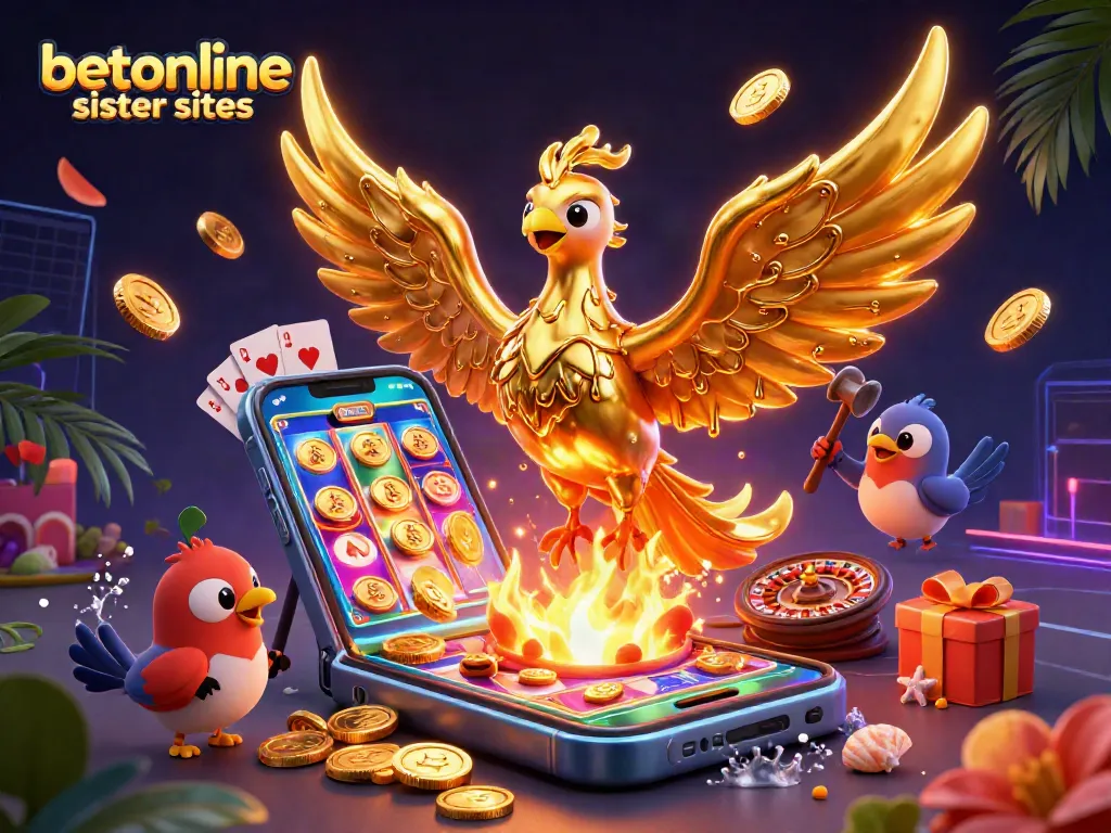 Play engaging games at betonline sister sites with a dynamic phoenix illustration in a vibrant casino scene.