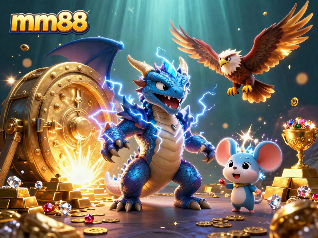 Experience thrilling mm88 gameplay with dynamic dragon and hawk characters in a vibrant casino scene.