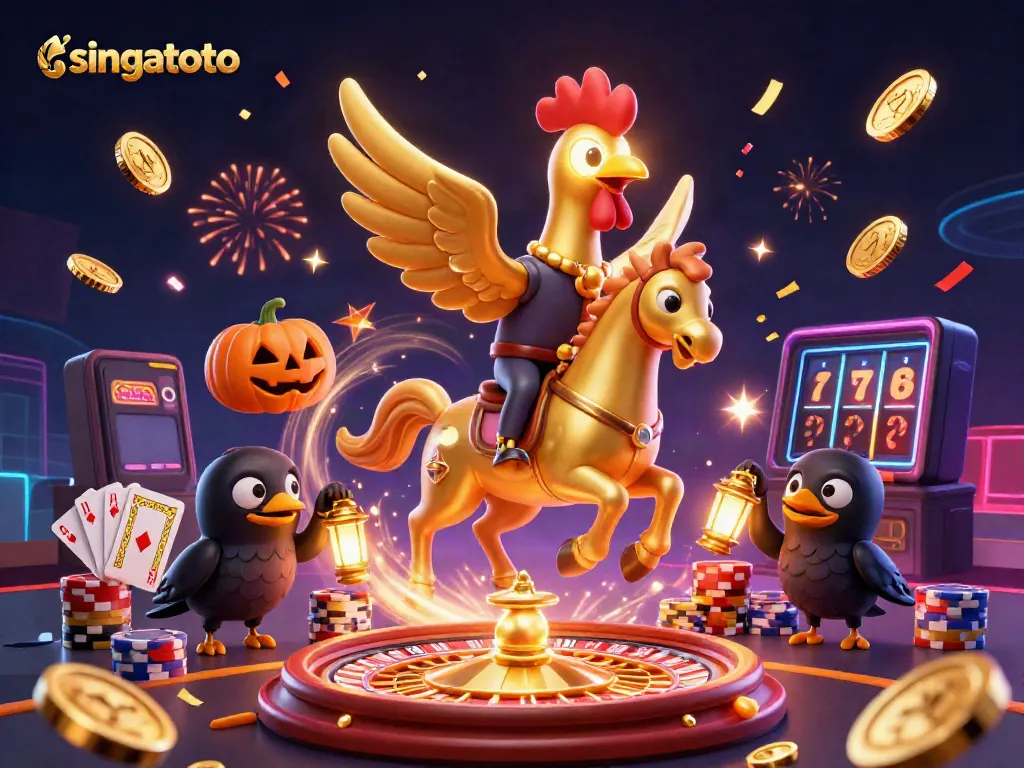 Experience the thrilling world of singatoto with a golden rooster hero in a vibrant casino.
