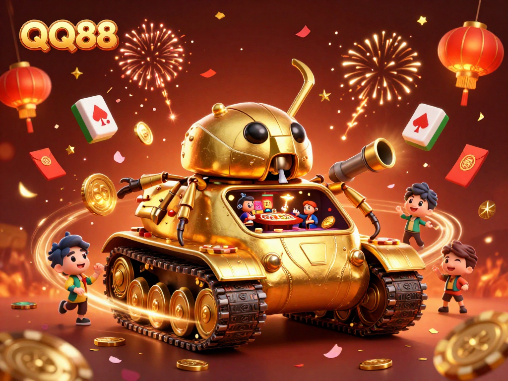 Engage with QQ88's immersive casino experience within a massive golden tank, bursting with festive themes.