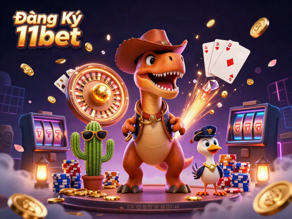 Join the excitement of Đăng Ký 11bet with a whimsical 3D casino scene featuring vibrant characters and dynamic elements.