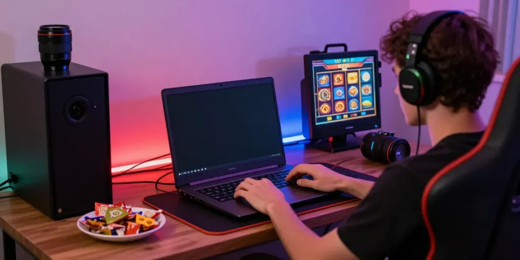 A cozy gaming setup featuring a person engaged with exciting link slot777 graphics on a laptop.