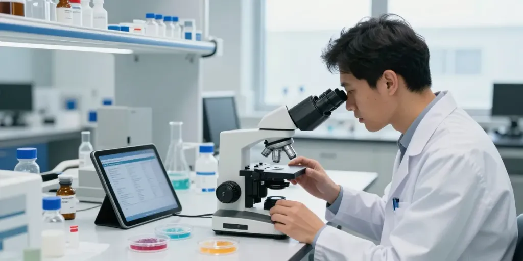 Cortagen peptide analysis in a modern laboratory setting with a researcher using a microscope.