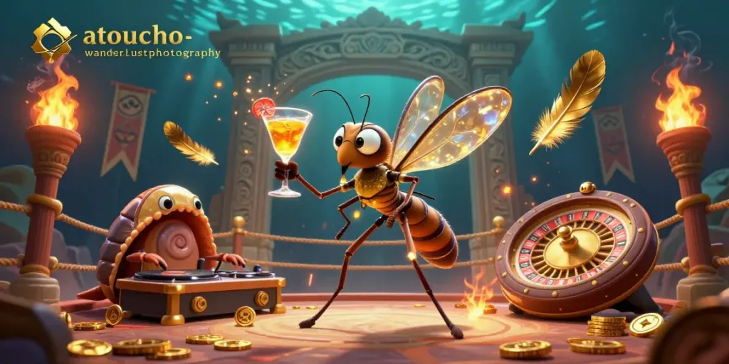 Experience thrilling gameplay with atouchofwanderlustphotography's cartoon casino mascot amid dazzling golden features.